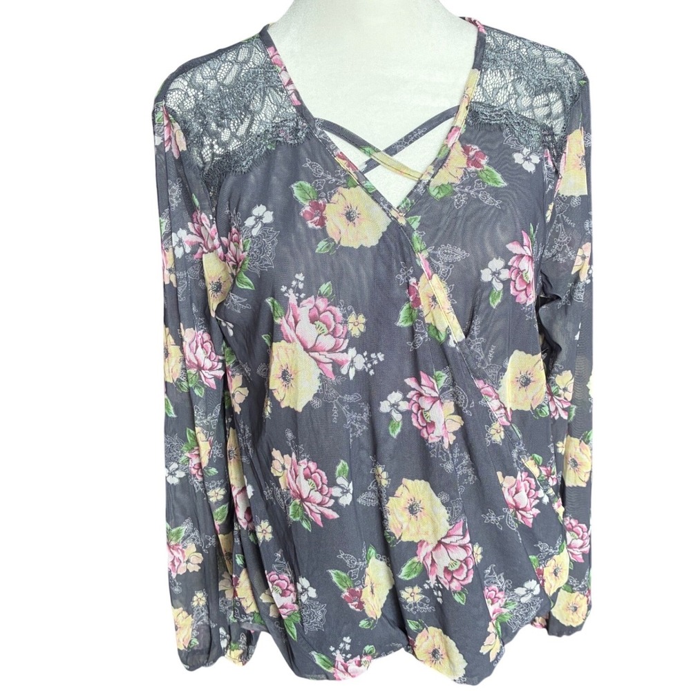 No Boundaries Charcoal Floral Mesh Surplice Top Lace Accents L